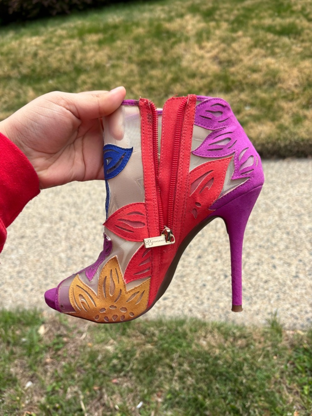 Jessica Simpson Women’s Multicolor Floral Cutout Suede High Heel Bootie